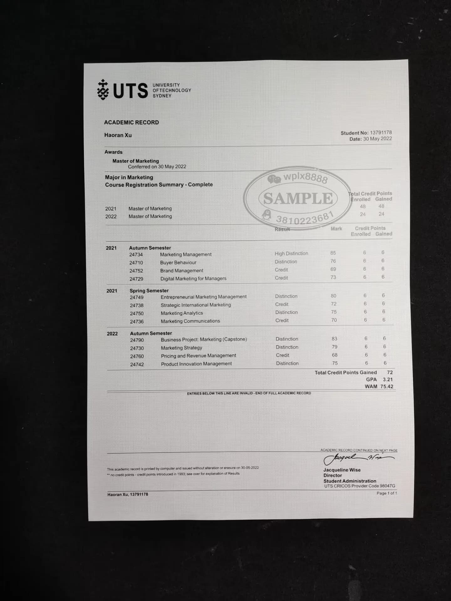 澳大利亚悉尼科技大学市场营销硕士成绩单样本