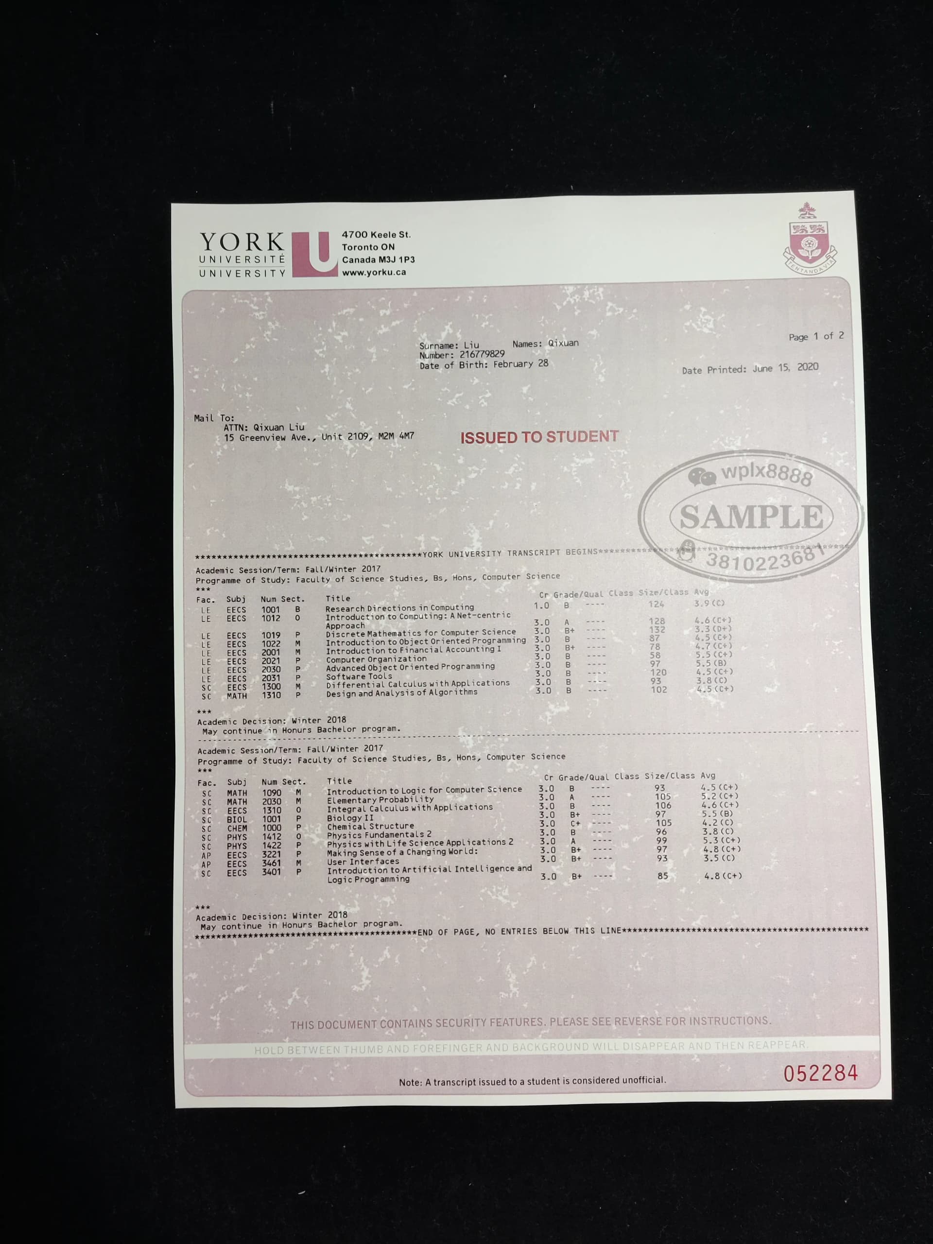 加拿大约克大学官方成绩单样本及留信认证学术参考