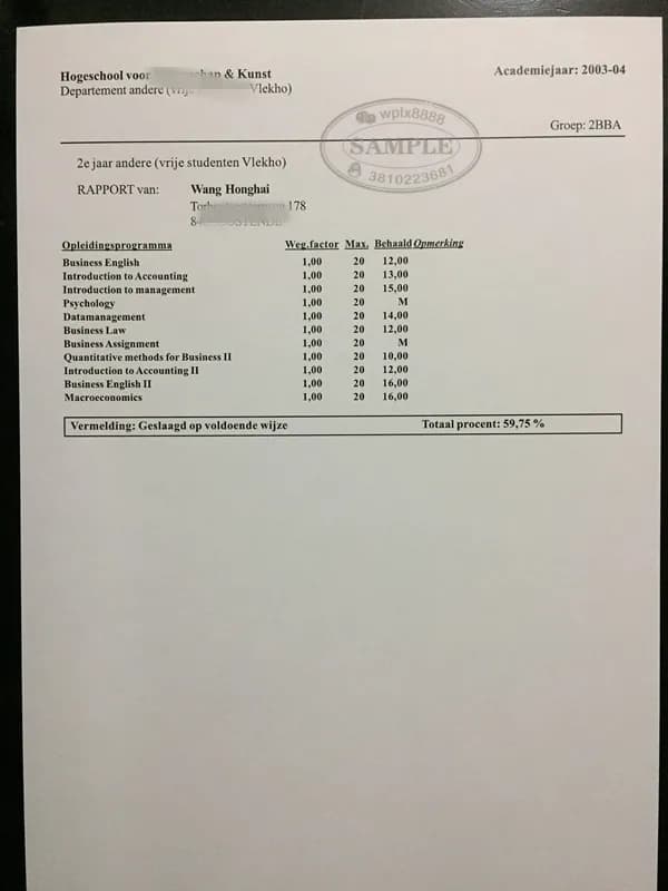 比利时科学艺术大学学院Vlekho商科成绩单翻译与认证案例 比利时科学艺术大学学院Vlekho商科成绩单翻译与认证案例
