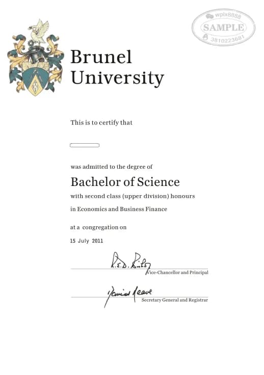 英国布鲁内尔大学经济与商业金融学士学位证书样本 英国布鲁内尔大学经济与商业金融学士学位证书样本