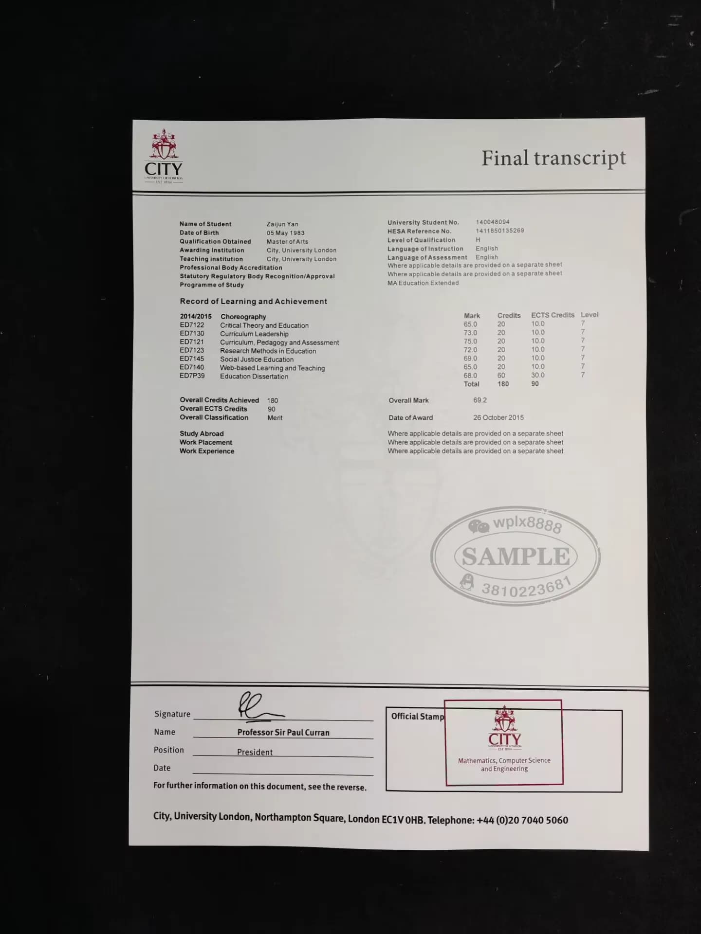 英国伦敦城市大学硕士成绩单样板与学历认证指南 英国伦敦城市大学硕士成绩单样板与学历认证指南
