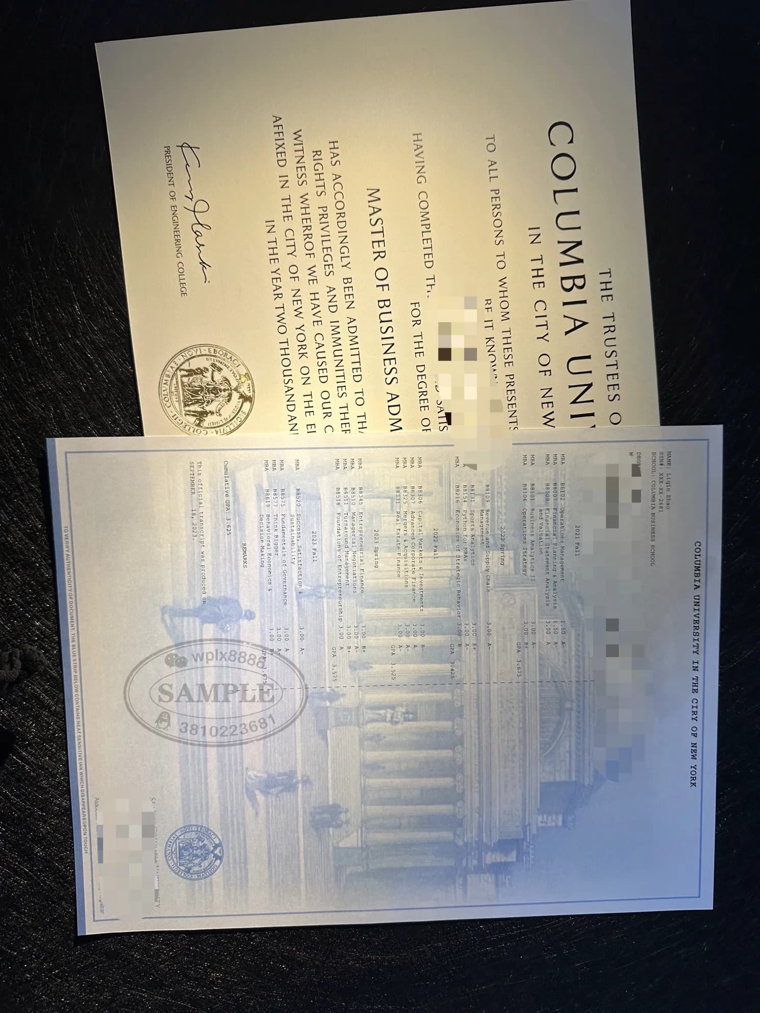 美国哥伦比亚大学MBA硕士学位证书与成绩单样本 美国哥伦比亚大学MBA硕士学位证书与成绩单样本