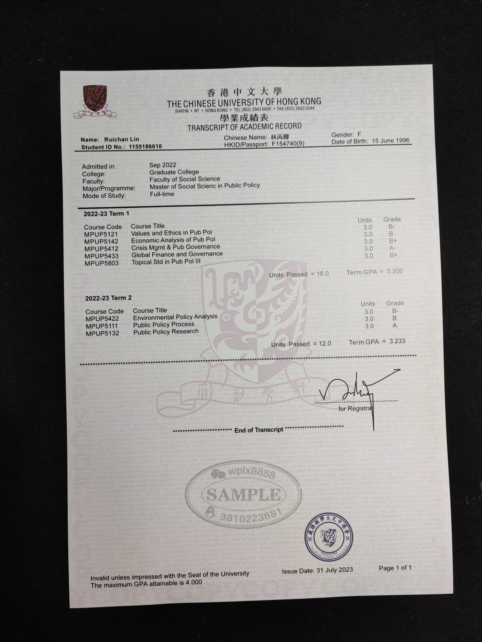 香港中文大学硕士学位成绩单样本及认证参考说明 香港中文大学硕士学位成绩单样本及认证参考说明