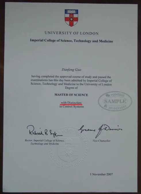 英国帝国理工学院硕士学位证书样本参考 英国帝国理工学院硕士学位证书样本参考