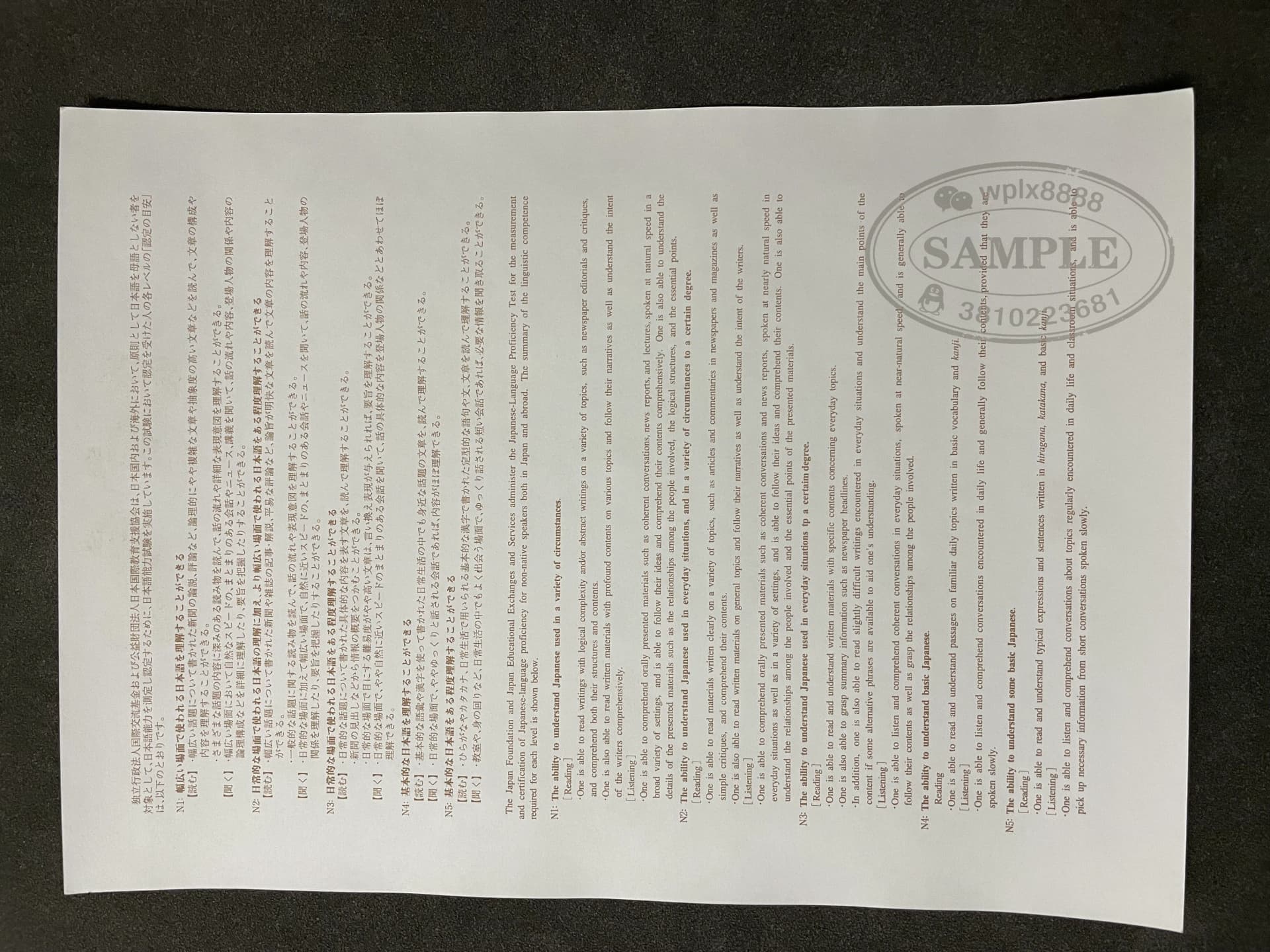 日本语能力测试JLPT N3等级证书背面说明与认定标准参考 日本语能力测试JLPT N3等级证书背面说明与认定标准参考