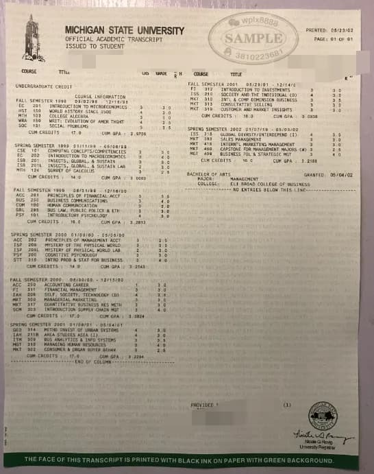 美国密歇根州立大学官方成绩单案例:管理学专业学术记录 美国密歇根州立大学官方成绩单案例:管理学专业学术记录