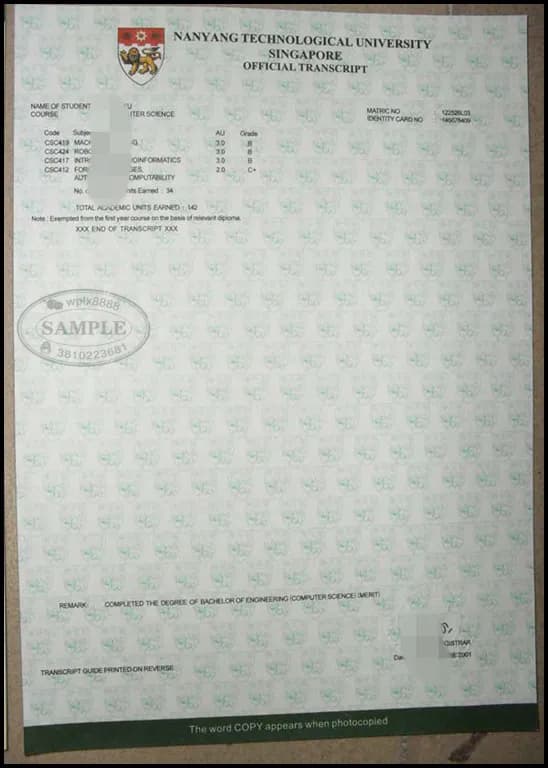 新加坡南洋理工大学计算机专业成绩单样本及学历认证参考 新加坡南洋理工大学计算机专业成绩单样本及学历认证参考