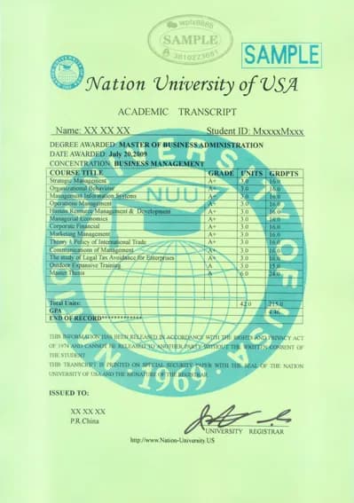 美国Nation University工商管理硕士MBA毕业成绩单样本 美国Nation University工商管理硕士MBA毕业成绩单样本