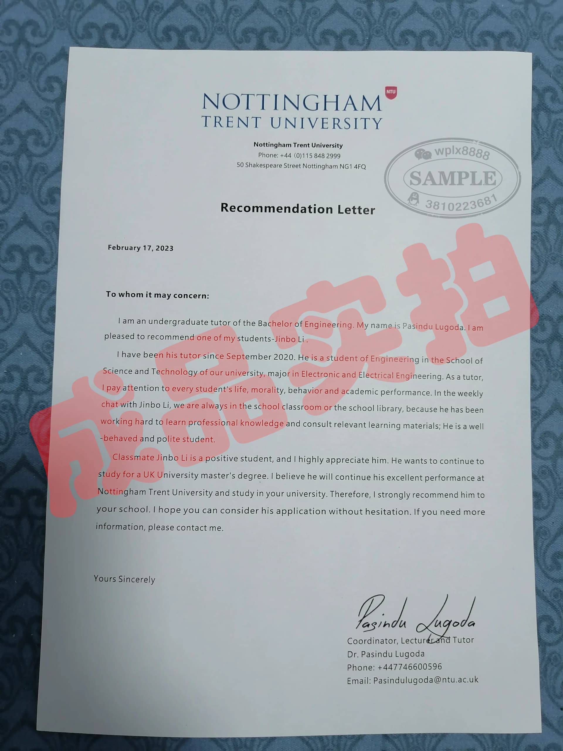 英国诺丁汉特伦特大学NTU留学申请教授推荐信案例 英国诺丁汉特伦特大学NTU留学申请教授推荐信案例