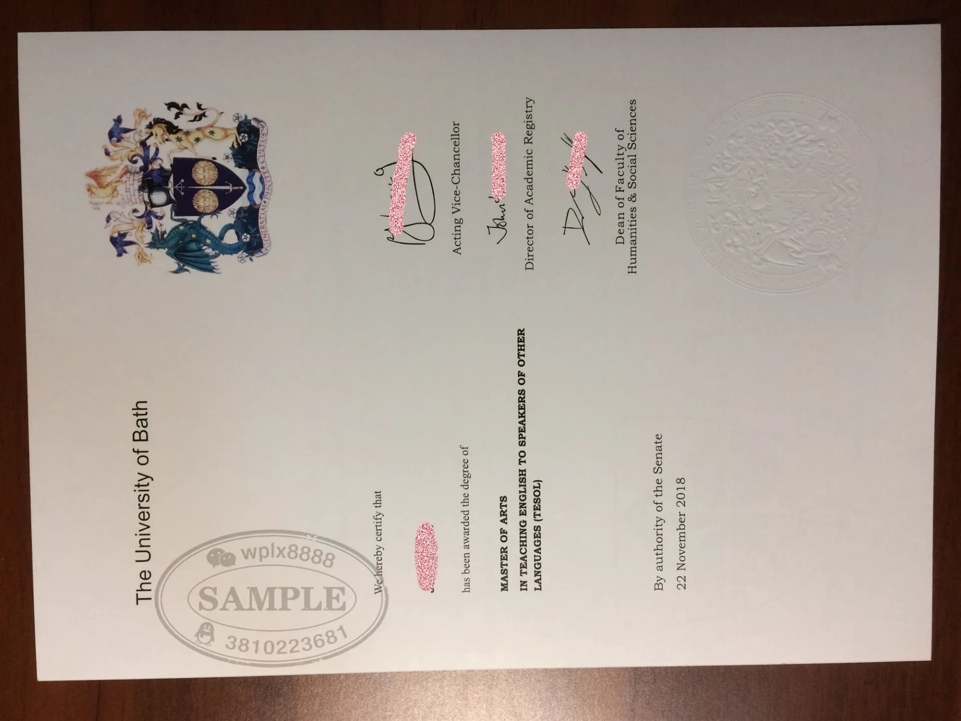 英国巴斯大学硕士学位证样本与TESOL专业毕业证书展示 英国巴斯大学硕士学位证样本与TESOL专业毕业证书展示