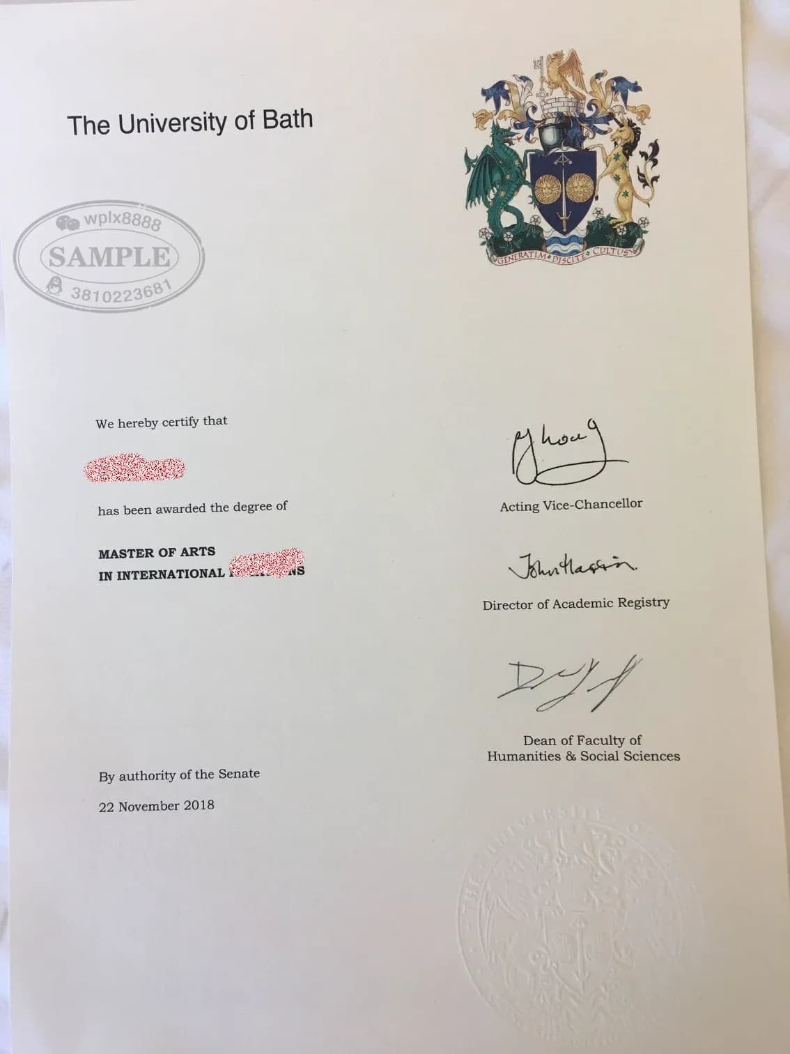 英国巴斯大学国际关系硕士学位证书原件样本 英国巴斯大学国际关系硕士学位证书原件样本