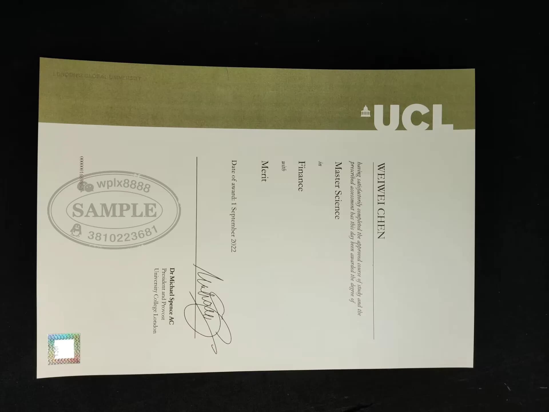 英国伦敦大学学院UCL金融学硕士毕业证学位证样本 英国伦敦大学学院UCL金融学硕士毕业证学位证样本
