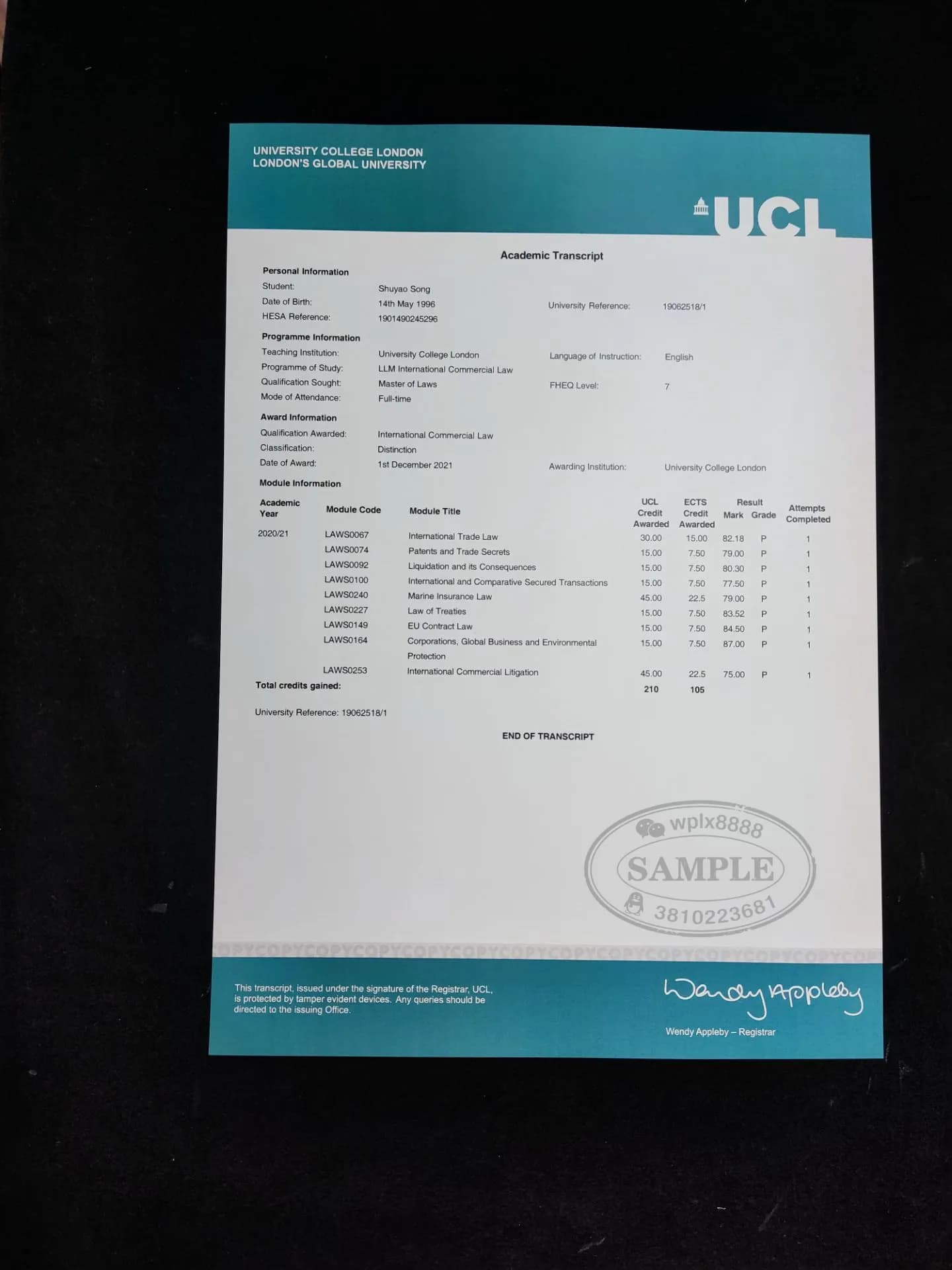 英国伦敦大学学院UCL成绩单样本及法学硕士学分参考 英国伦敦大学学院UCL成绩单样本及法学硕士学分参考
