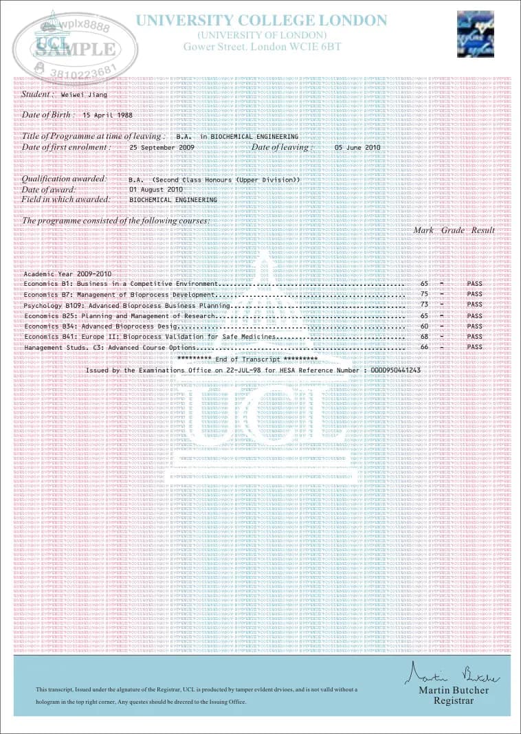 英国伦敦大学学院UCL成绩单原件样本生化工程专业 英国伦敦大学学院UCL成绩单原件样本生化工程专业