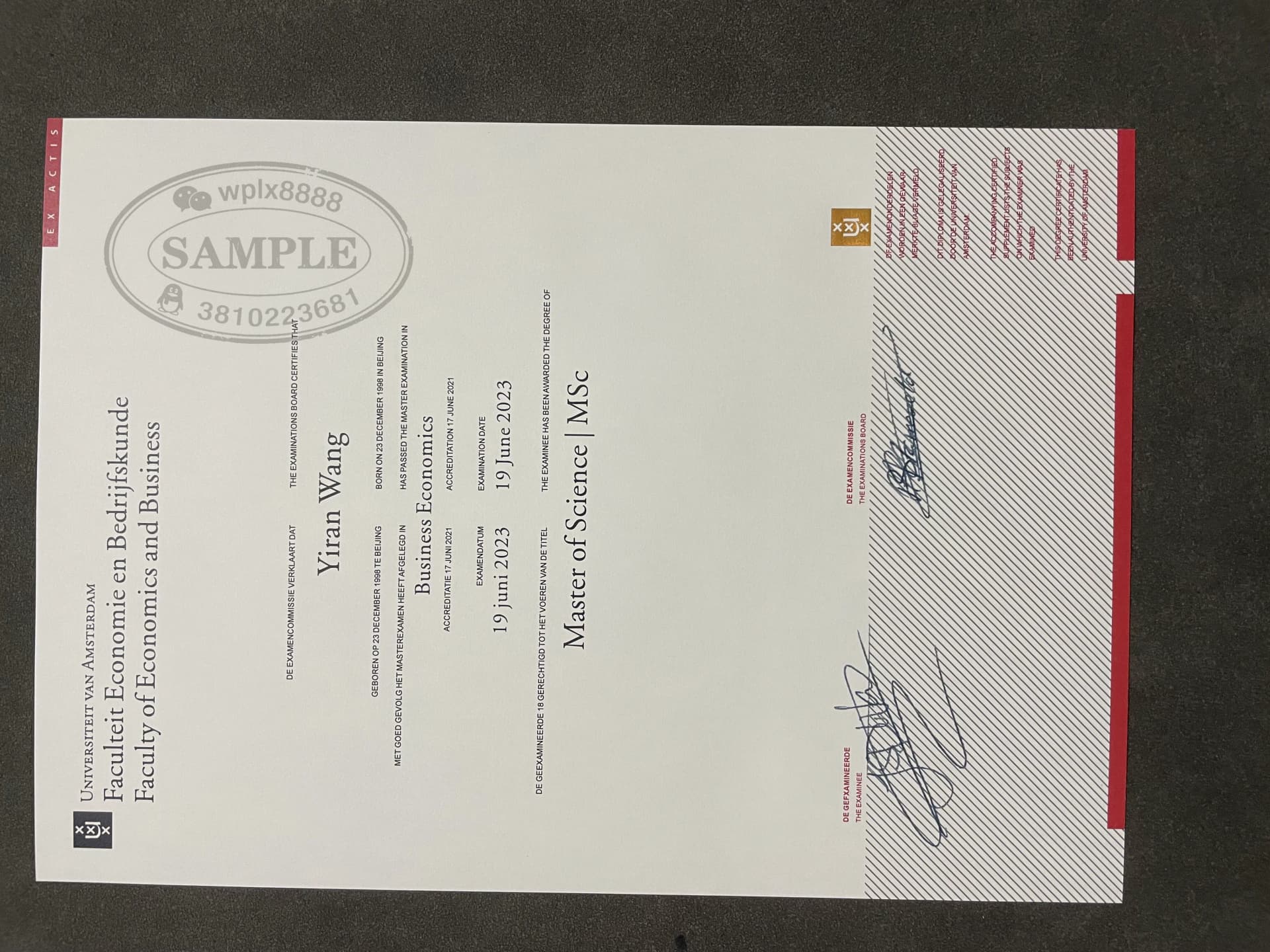 荷兰阿姆斯特丹大学商业经济学硕士毕业证学位证样本 荷兰阿姆斯特丹大学商业经济学硕士毕业证学位证样本