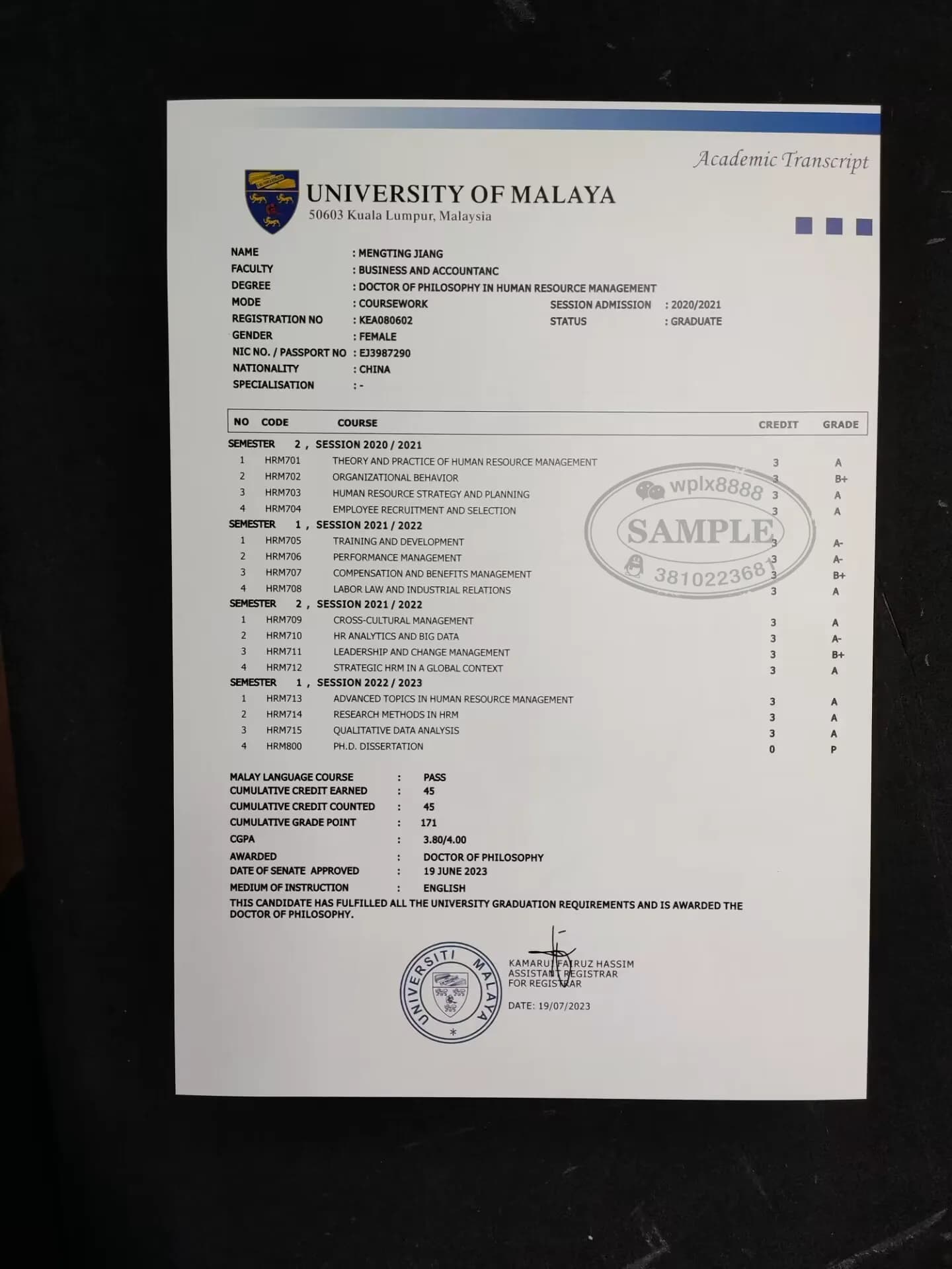 马来亚大学博士成绩单办理样本及UM官方成绩单规格指南 马来亚大学博士成绩单办理样本及UM官方成绩单规格指南