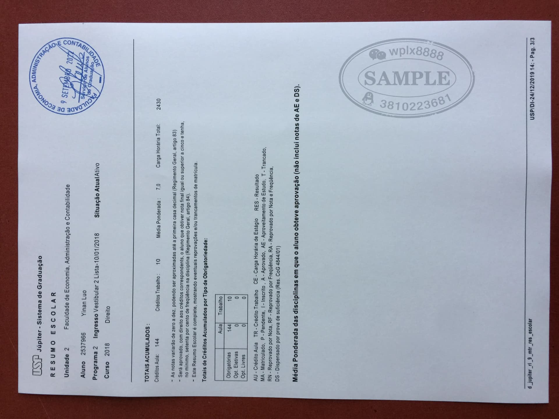 巴西圣保罗大学成绩单办理样板及经济管理学分证明 巴西圣保罗大学成绩单办理样板及经济管理学分证明