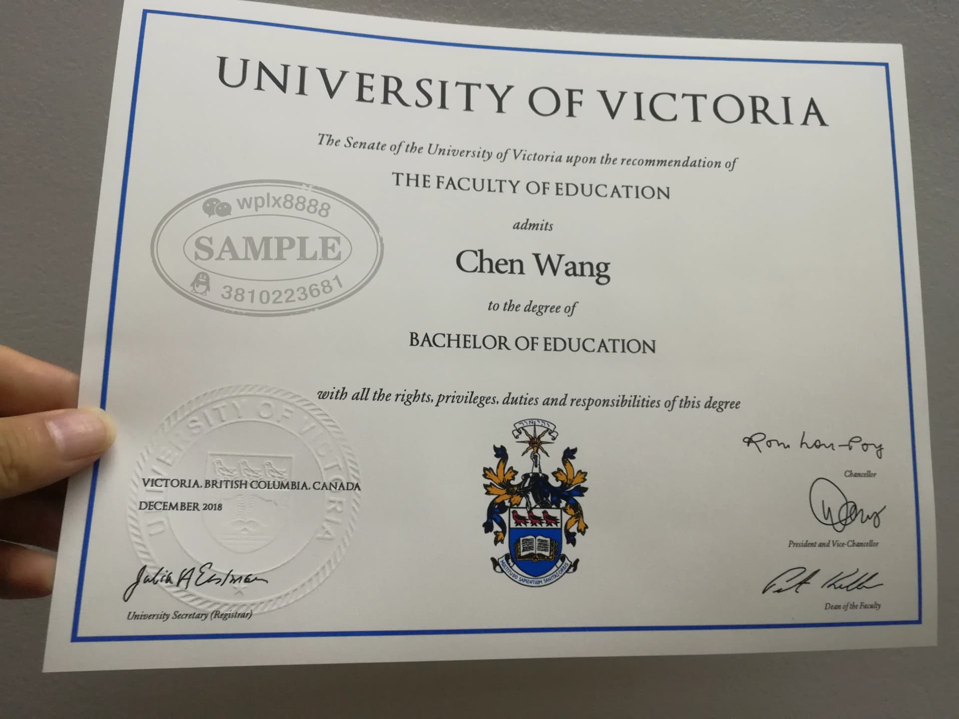 加拿大维多利亚大学教育学学士学位证书样本 加拿大维多利亚大学教育学学士学位证书样本