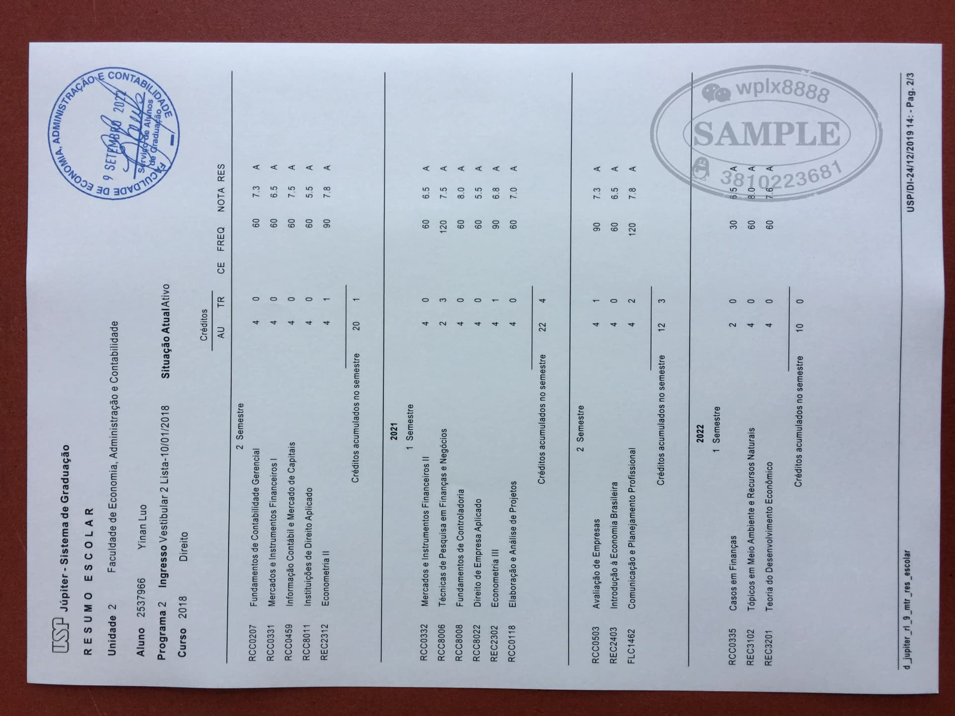 巴西圣保罗大学USP成绩单翻译认证案例参考 巴西圣保罗大学USP成绩单翻译认证案例参考