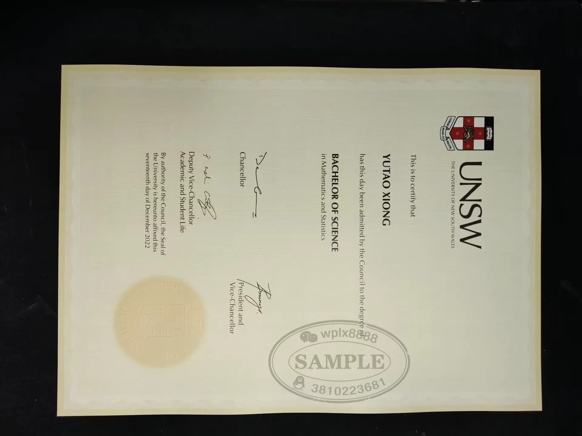 澳洲新南威尔士大学UNSW理学学士学位证书案例参考 澳洲新南威尔士大学UNSW理学学士学位证书案例参考