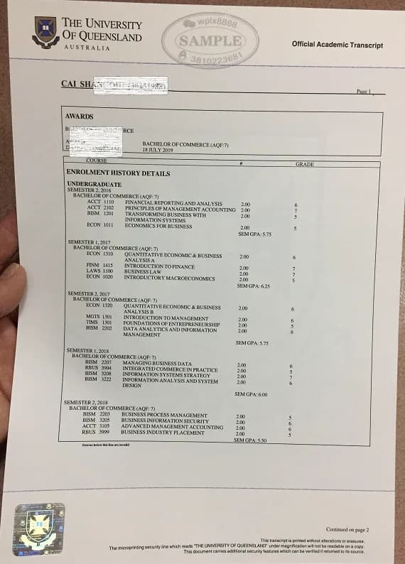 澳大利亚昆士兰大学成绩单官方原件模板案例 澳大利亚昆士兰大学成绩单官方原件模板案例