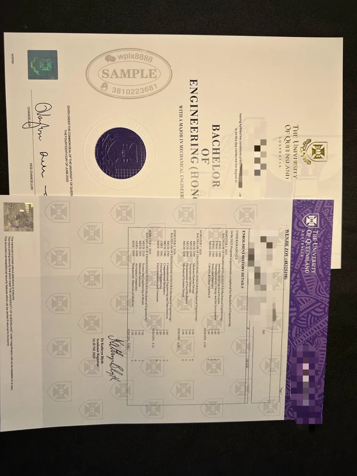 澳洲昆士兰大学工程荣誉学士学位证书与成绩单样本 澳洲昆士兰大学工程荣誉学士学位证书与成绩单样本