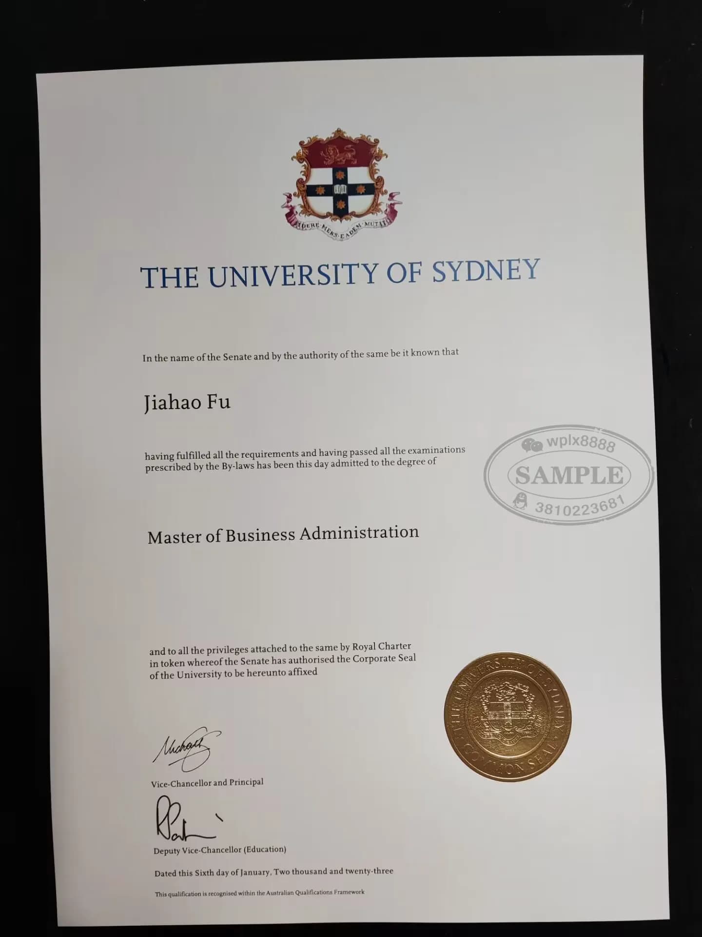 澳洲悉尼大学工商管理硕士MBA毕业证书样本 澳洲悉尼大学工商管理硕士MBA毕业证书样本